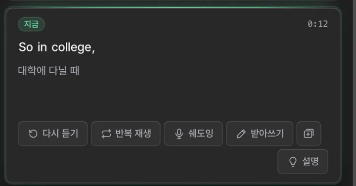 학습 패널의 지금 문장 카드. 다시 듣기, 반복, 쉐도잉, 받아쓰기 단추 아래에 설명 단추가 있다