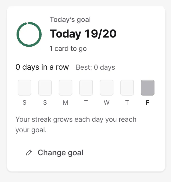 Today’s goal card: cards done and left today, the streak, the last seven days and a change-goal button