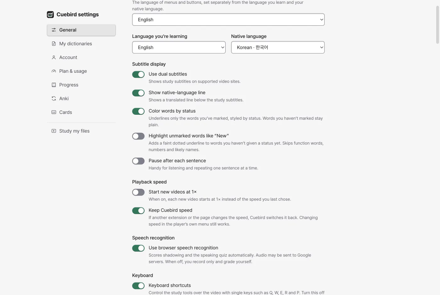 General settings: the study and native language pickers, with notes below on which features work for the chosen language