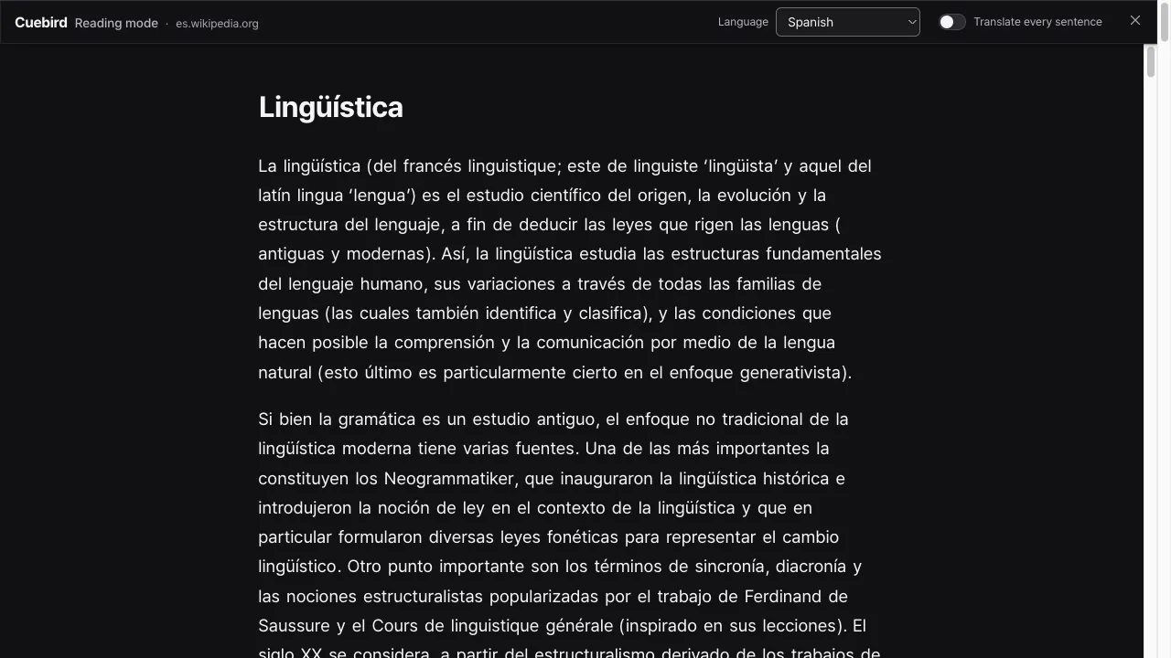 A Spanish Wikipedia article in reading mode, with a language picker and a translate-every-sentence switch at the top